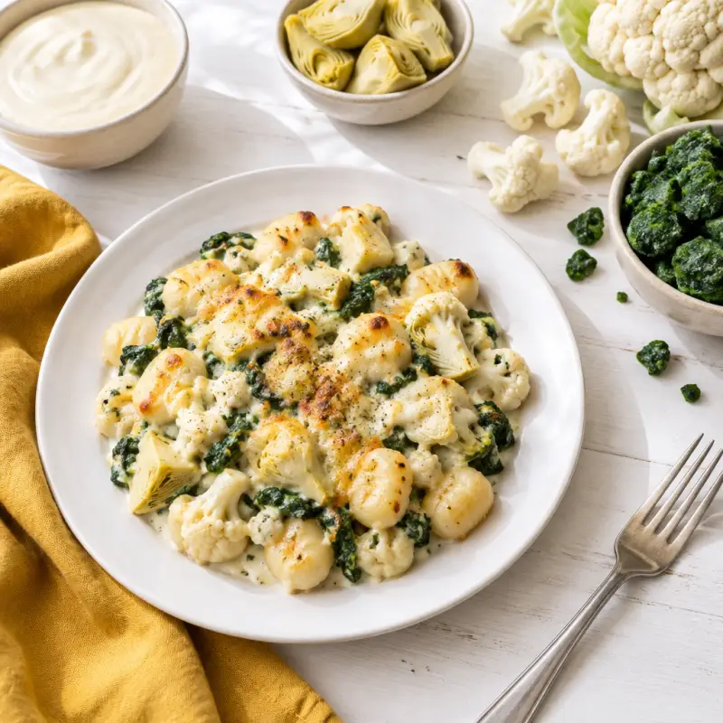 "Spinach & Artichoke Dip" Gnocchi Bake with Cauliflower, plated