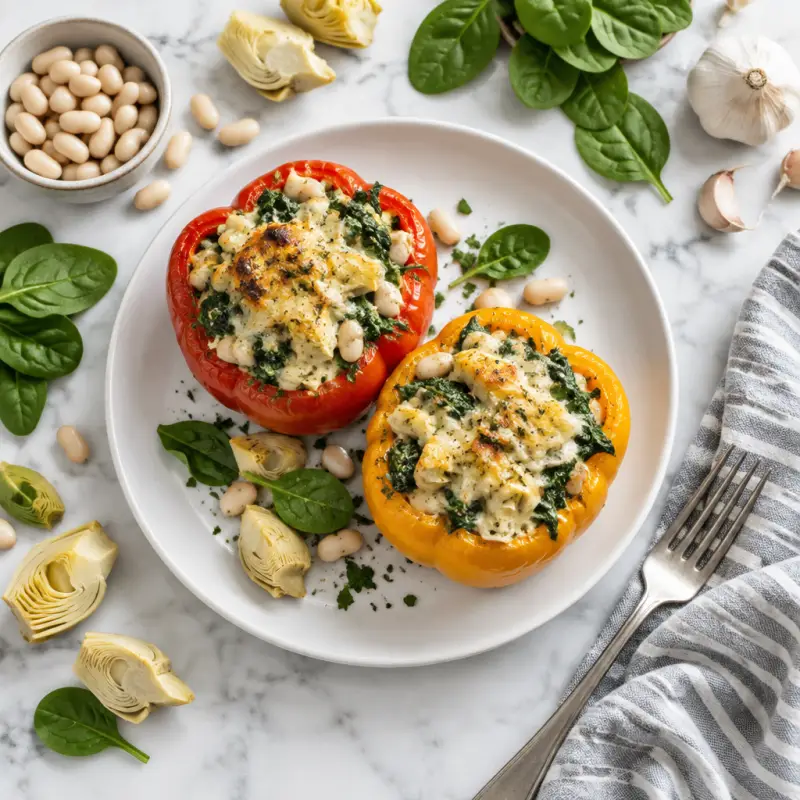 Spinach, Artichoke & White Bean Stuffed Peppers, plated