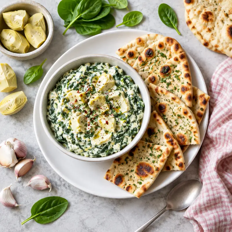 Spinach-Artichoke Yogurt Dip with Toasted Naan, plated