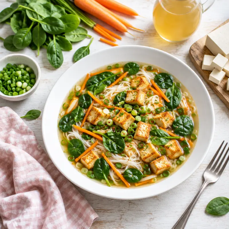Spinach, Carrot & Rice Noodle Soup with Crispy Tofu, plated