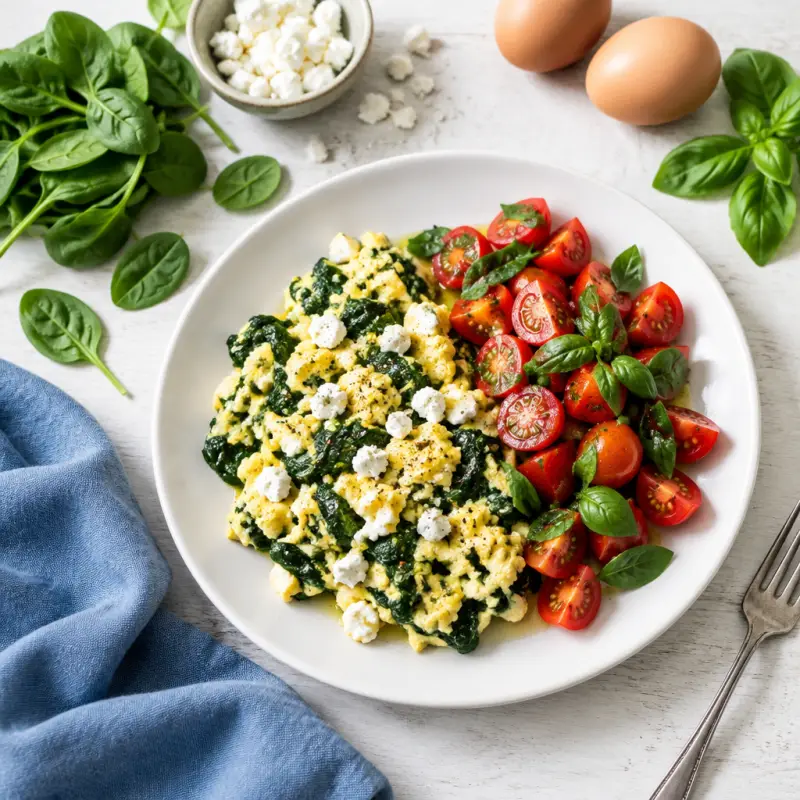Spinach Feta Scramble with Tomato Basil Salad, plated