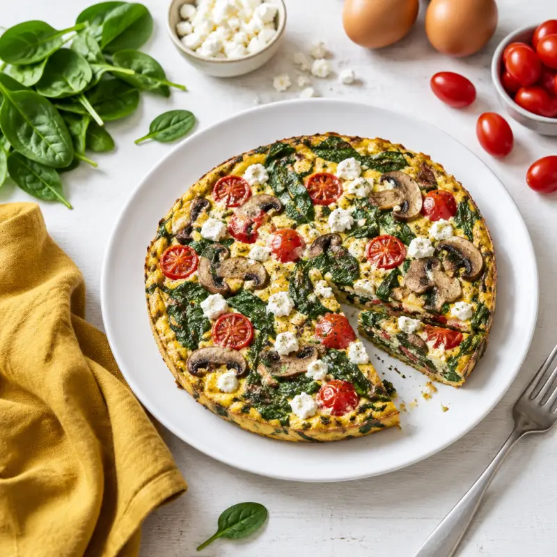 Spinach, Mushroom & Feta Frittata with Grape Tomatoes, plated