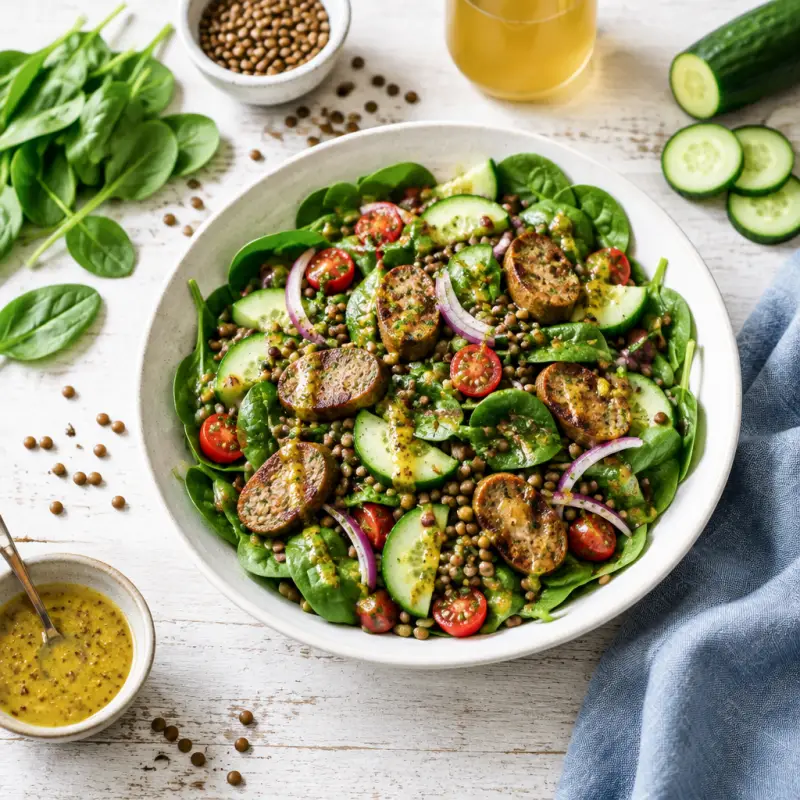 Spinach Salad with Veggie Sausage, Lentils & Lemon-Dijon Dressing, plated