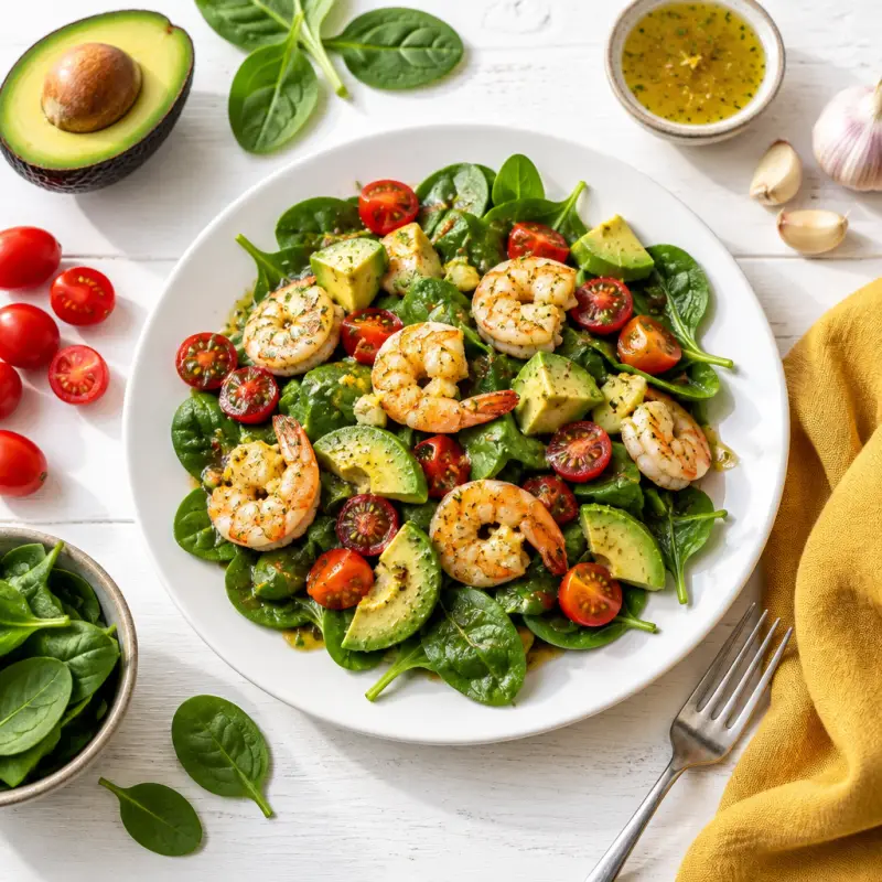 Spinach, Shrimp & Avocado Salad with Zesty Lemon Vinaigrette, plated