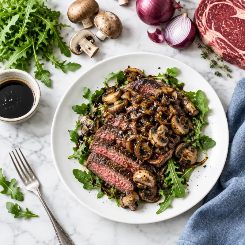 Steak with Arugula, Caramelized Onions & Balsamic Mushrooms, plated