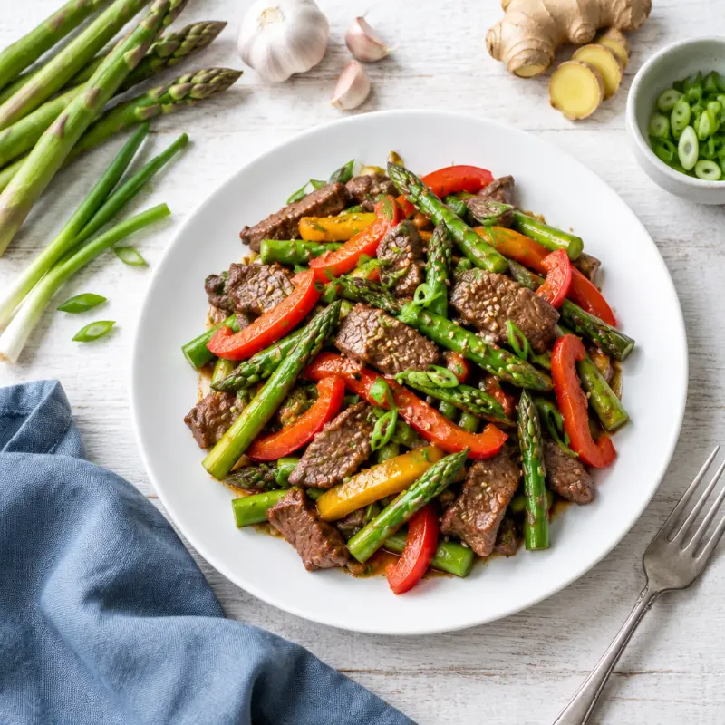 Steak, Asparagus & Bell Pepper Stir Fry, plated
