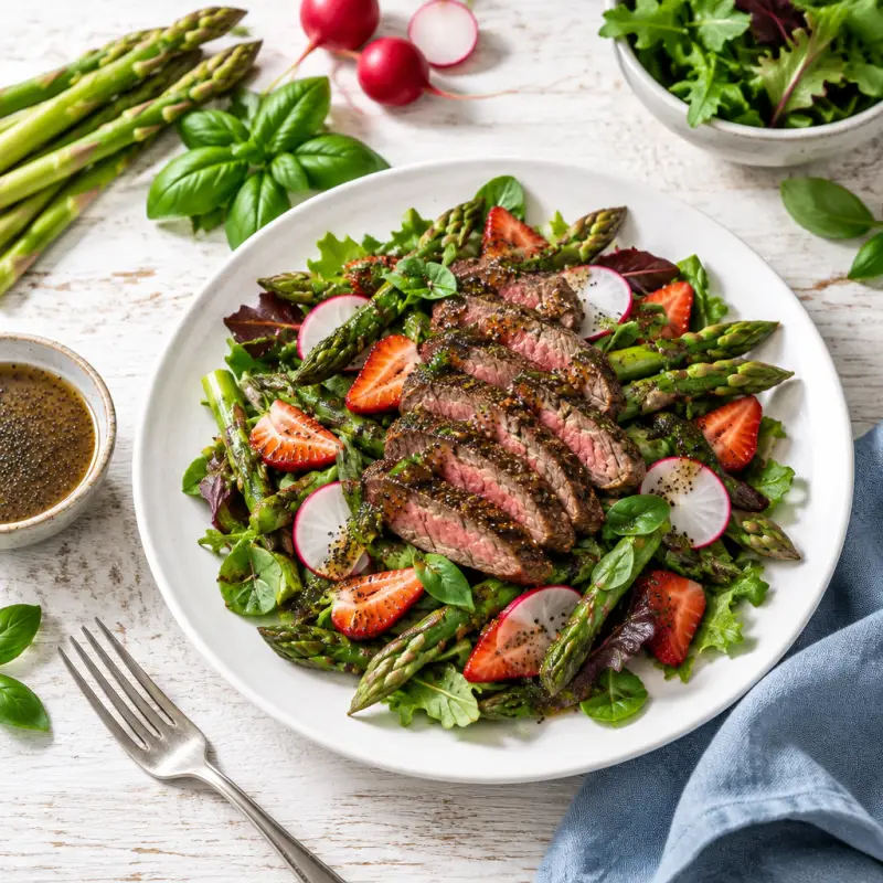 Steak, Asparagus & Strawberry Salad with Balsamic-Poppy Seed Dressing, plated