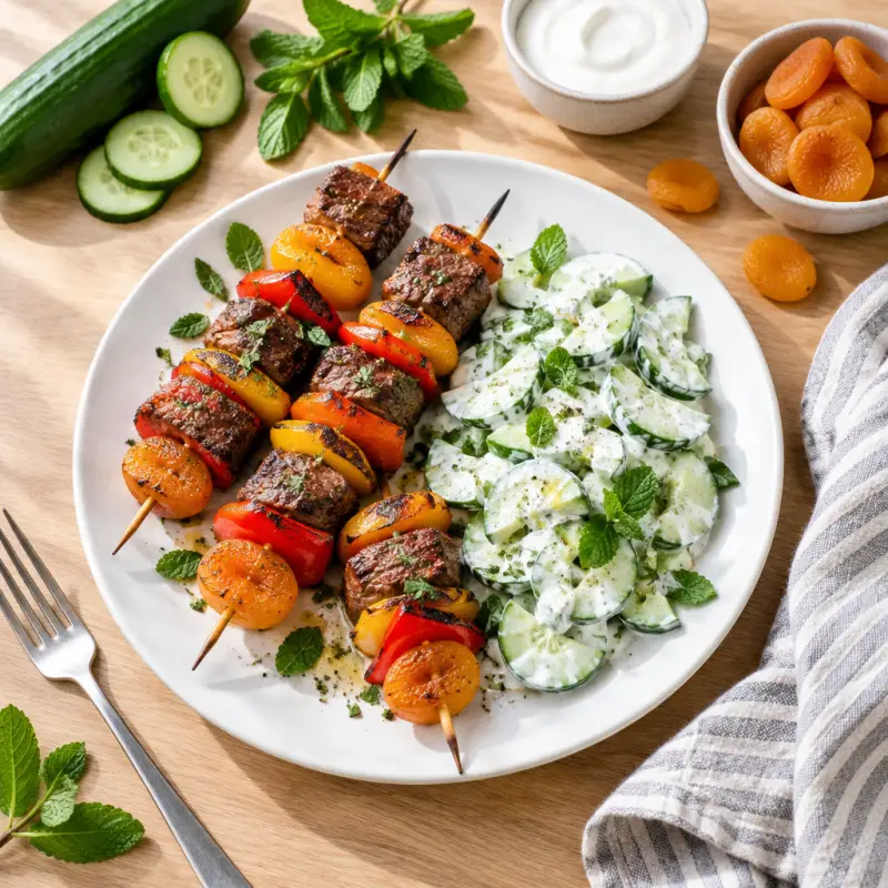 Steak, Bell Pepper & Apricot Skewers with Creamy Cucumber-Mint Salad, plated