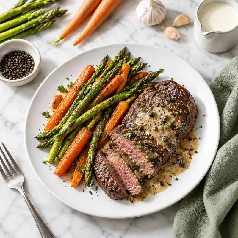 Steak with Black Pepper-Dijon Sauce, Roasted Asparagus & Carrots, plated