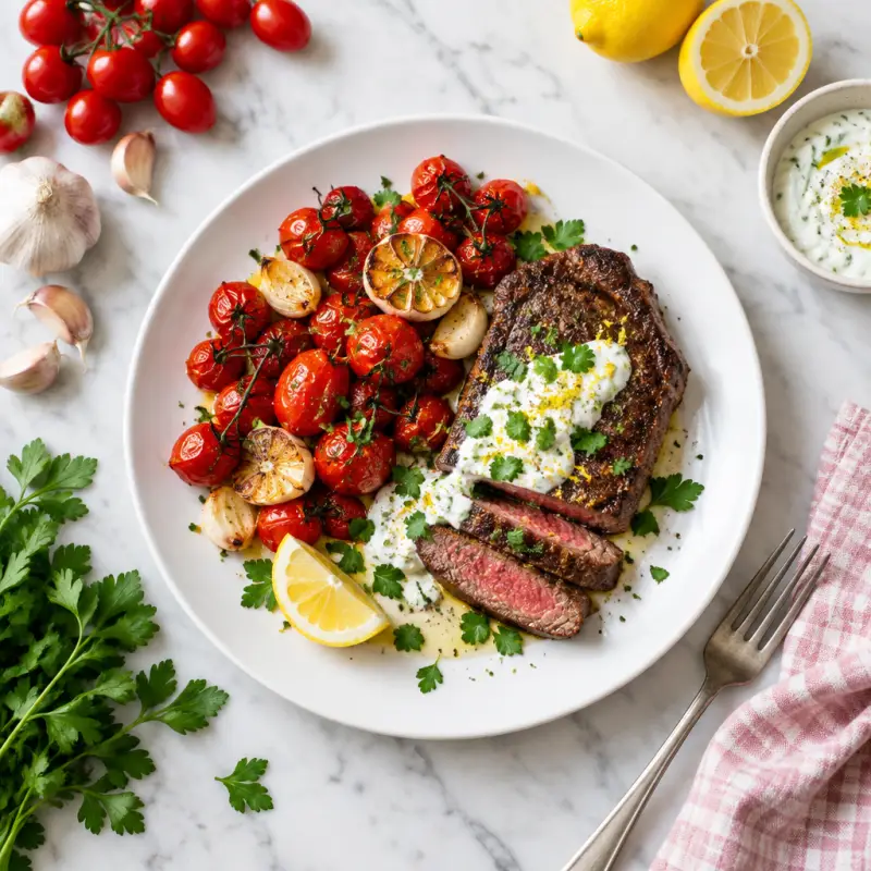 Steak with Blistered Tomatoes, Roasted Garlic, Lemony Yogurt & Parsley, plated