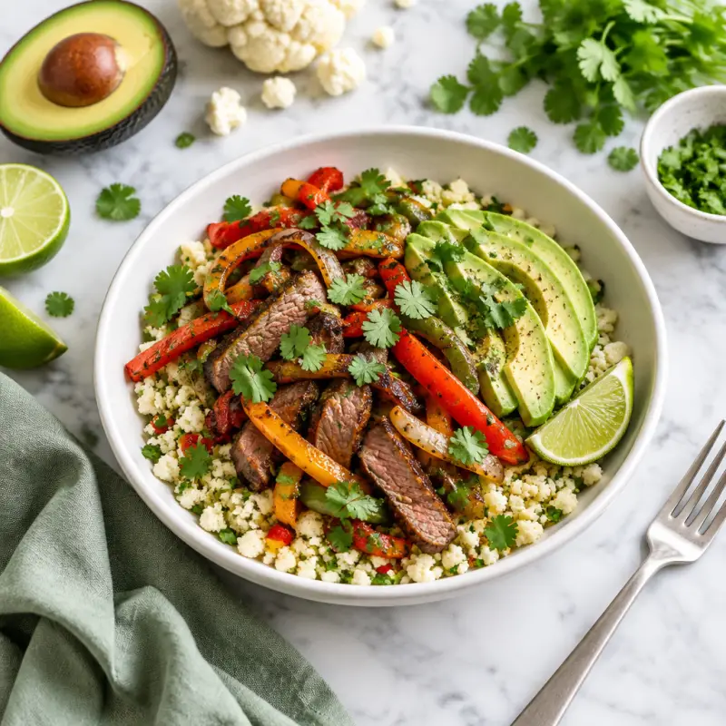 Steak Fajita Cauliflower Rice Bowl with Avocado & Cilantro, plated