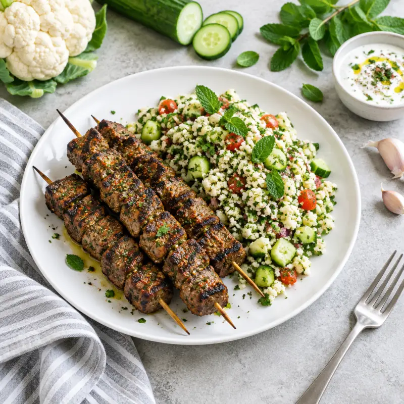Steak Kabobs with Mediterranean Spice Rub & Cauliflower Tabouli Salad, plated