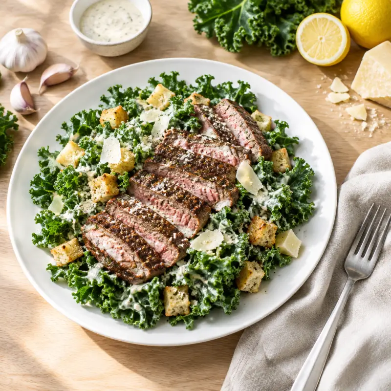 Steak & Kale Caesar Salad with Creamy Parmesan Dressing, plated