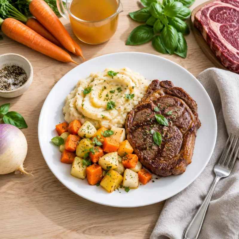 Steak with Mashed Turnip, Potato & Carrot Medley, plated