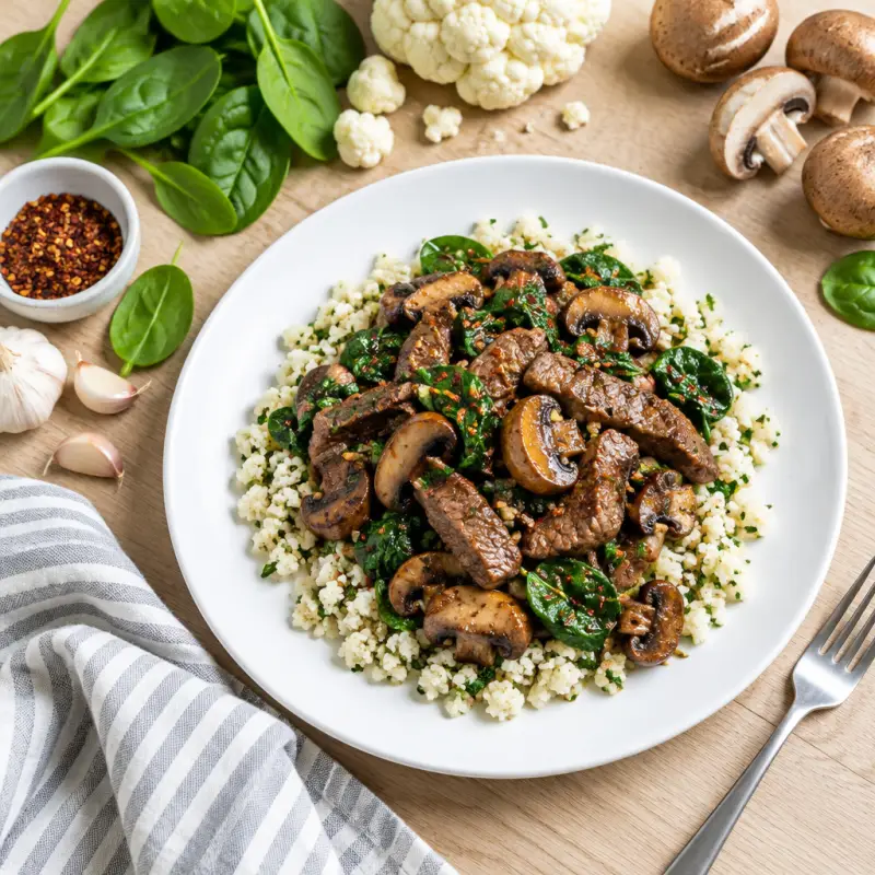Steak & Mushroom Stir Fry with Cauliflower Rice, plated