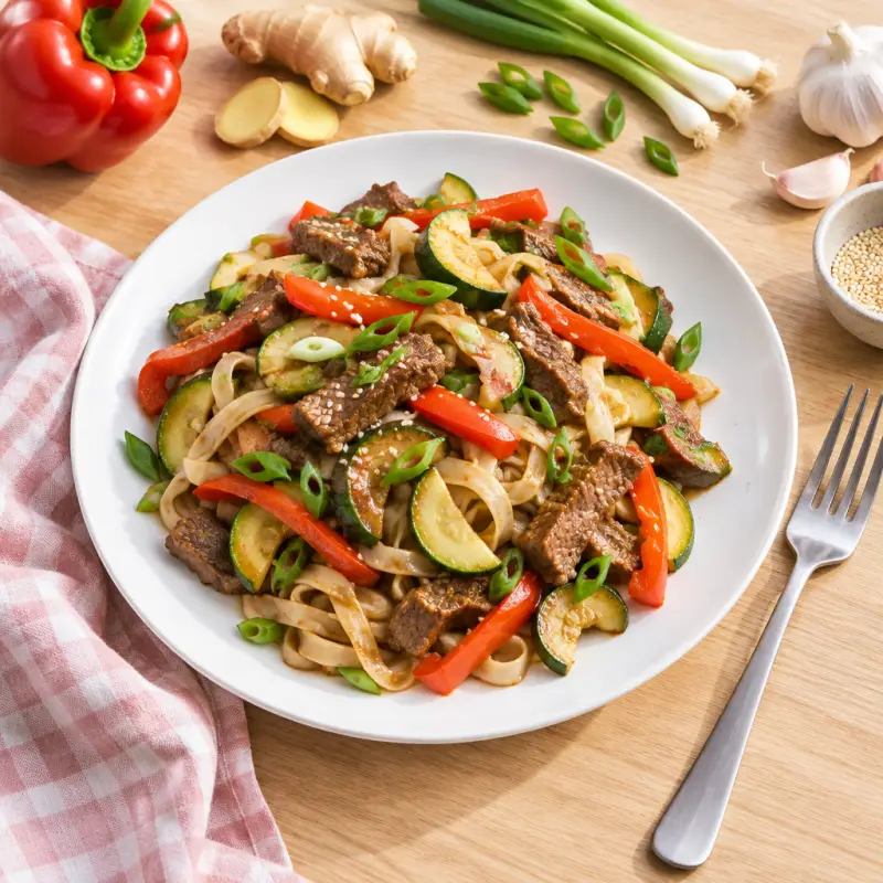 Steak & Rice Noodle Stir-Fry with Zucchini, Bell Pepper & Green Onion, plated
