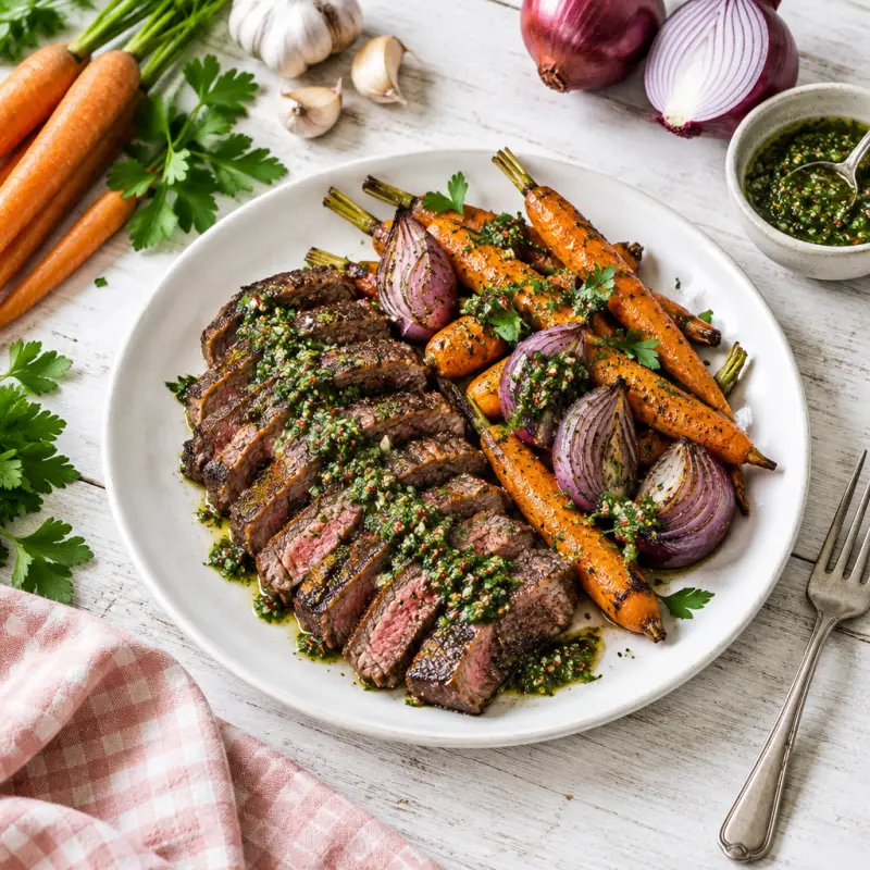 Steak, Roasted Carrots & Red Onion with Chimichurri Sauce, plated