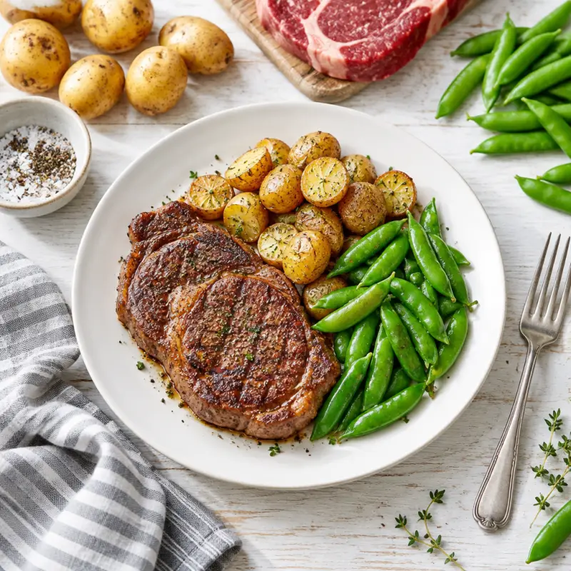 Steak with Roasted New Potatoes & Sugar Snap Peas, plated