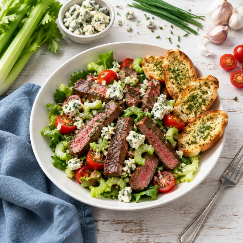 Steak Salad with Celery, Tomatoes, Blue Cheese & Garlic-Chive Crostini, plated