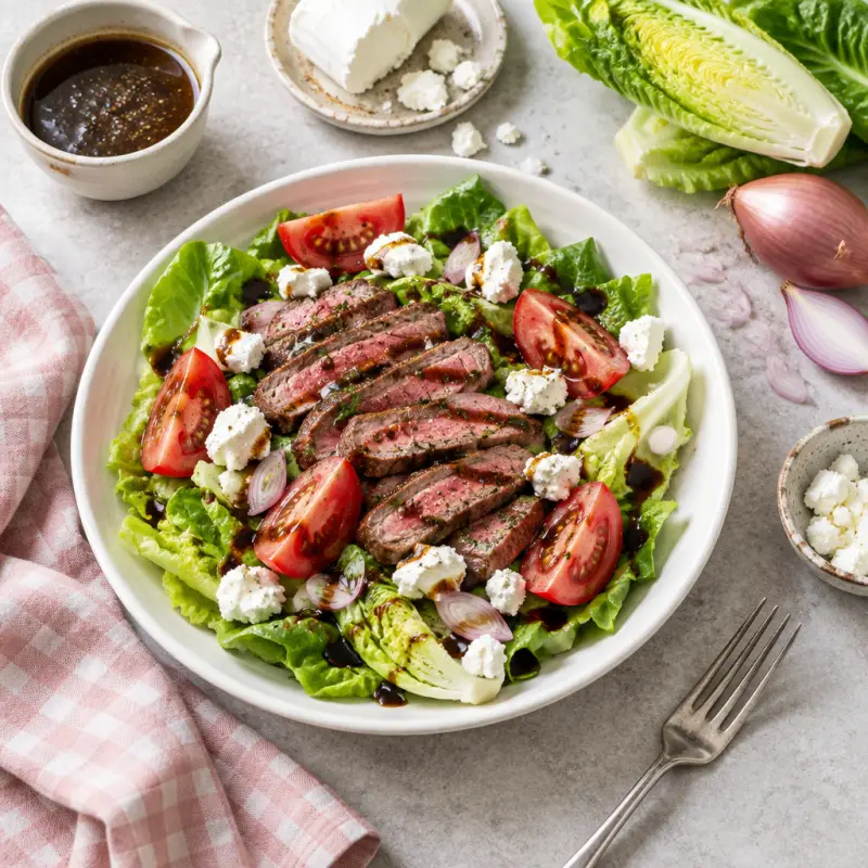 Steak Salad with Tomato Wedges, Goat Cheese & Balsamic Vinaigrette, plated