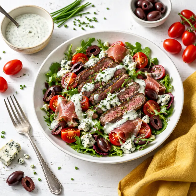 Steak Salad with Tomatoes, Prosciutto, Olives & Blue Cheese Dressing, plated