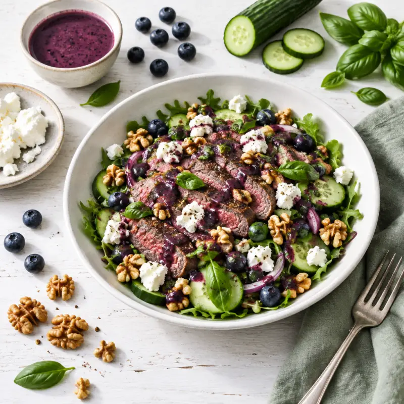 Steak Salad with Walnuts, Goat Cheese & Blueberry-Basil Dressing, plated