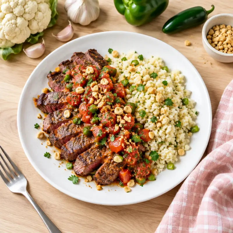 Steak with Spicy West African Tomato Salsa, Peanuts & Cauliflower Rice, plated