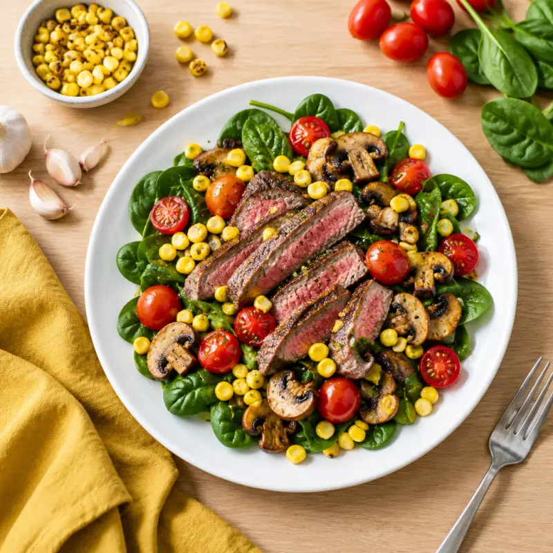 Steak & Spinach Salad with Sauteed Mushrooms, Grape Tomatoes & Corn, plated