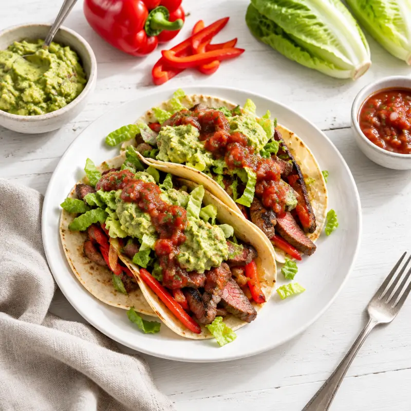 Steak Tacos with Bell Pepper, Lettuce, Guacamole & Salsa, plated