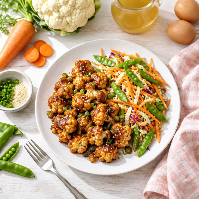 Sticky Asian Cauliflower Bites with Carrot & Snap Pea Slaw, plated