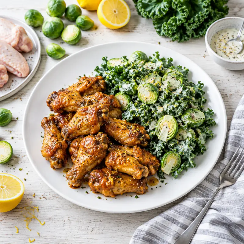 Sticky Lemon-Pepper Wings with Creamy Kale & Brussels Sprout Salad, plated