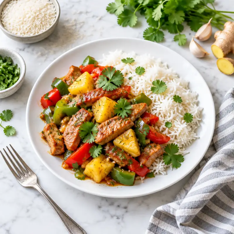 Stir-Fried Pork, Pineapple & Bell Pepper with Basmati Rice, plated