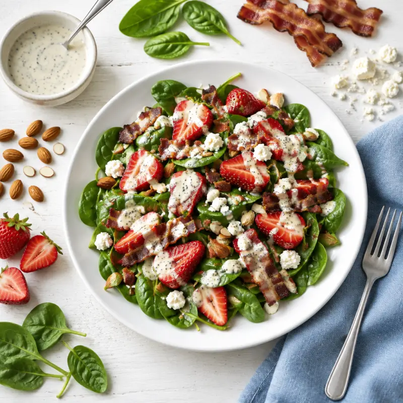 Strawberry, Bacon & Spinach Salad with Feta & Poppy Seed Dressing, plated