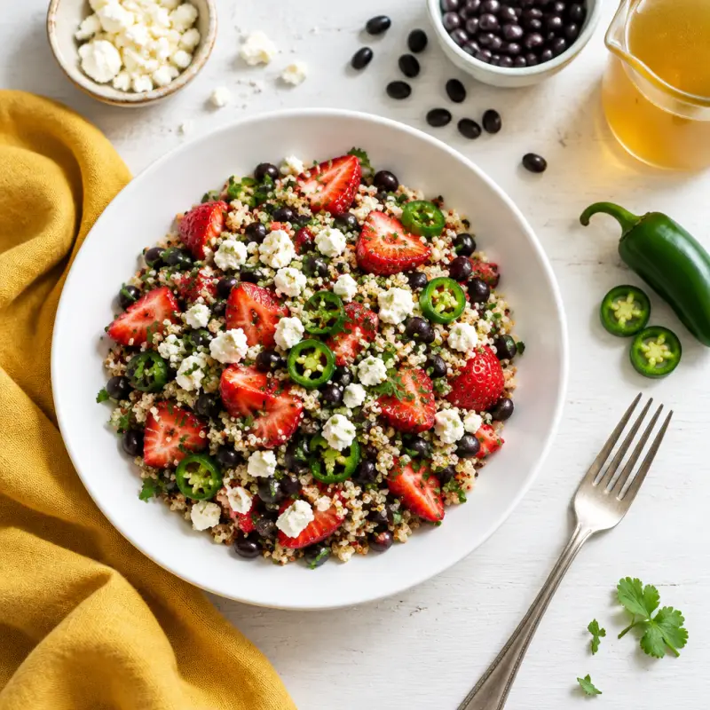 Strawberry & Black Bean Quinoa Bowl with Feta, plated
