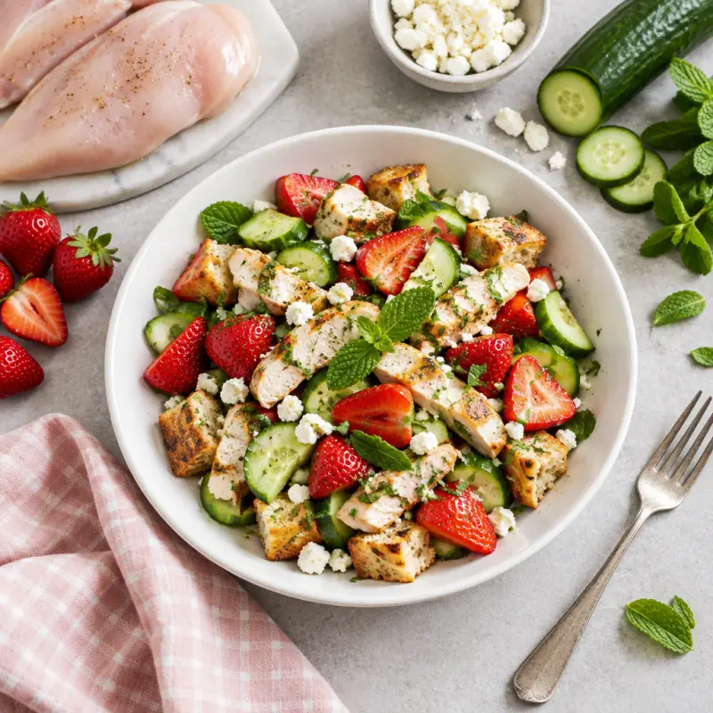 Strawberry Panzanella (Italian Bread Salad) with Chicken, Feta & Mint, plated