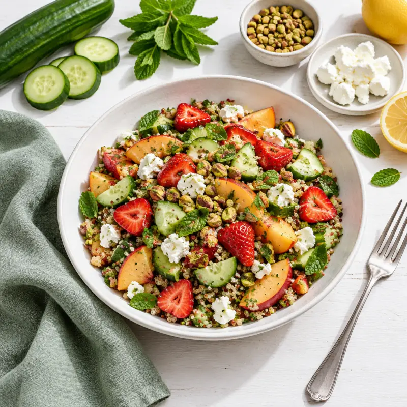 Strawberry-Peach Quinoa Salad with Cucumber, Goat Cheese & Pistachio, plated