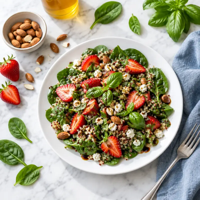 Strawberry, Spinach & Quinoa Salad with Balsamic Vinaigrette, plated