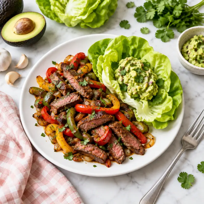 Strip Steak & Bell Pepper Fajitas with Guacamole & Butter Lettuce, plated