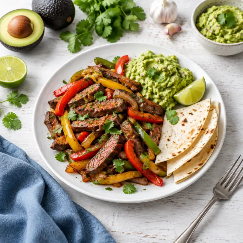 Strip Steak & Bell Pepper Fajitas with Guacamole, plated