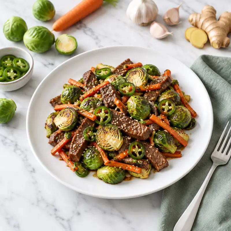 Strip Steak & Brussels Sprouts Stir Fry with Jalapeño Pepper, plated