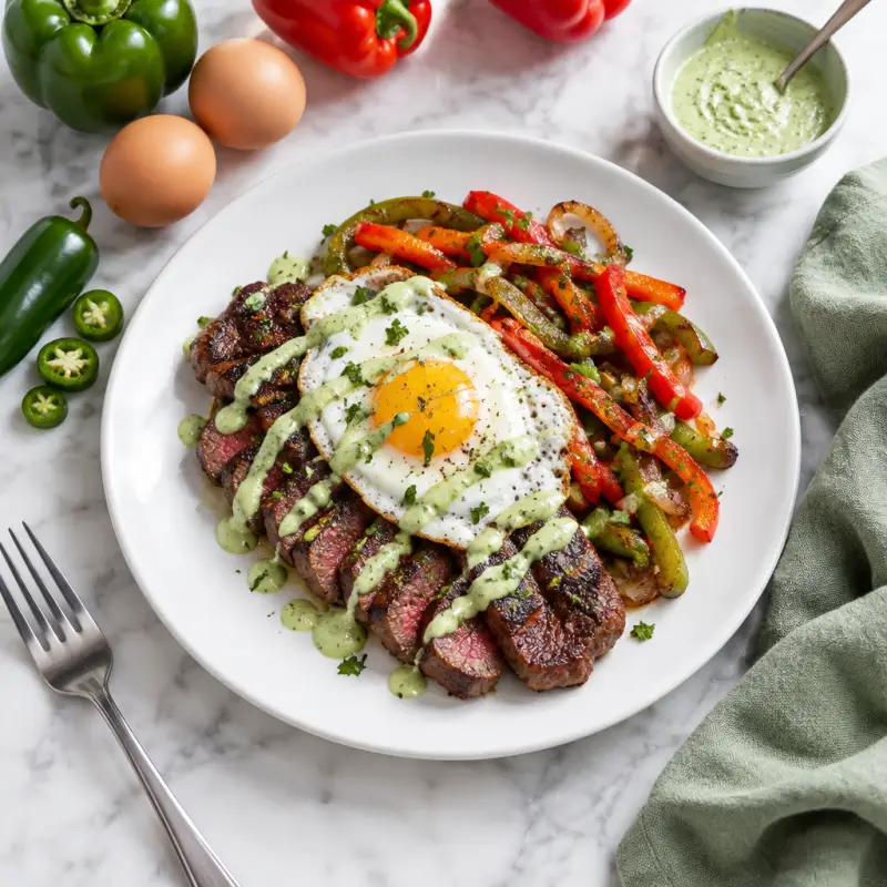 Strip Steak with Fried Egg, Bell Pepper-Onion Medley & Jalapeño Aioli, plated