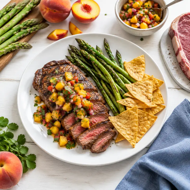 Strip Steak with Peach Salsa, Sautéed Asparagus & Tortilla Chips, plated