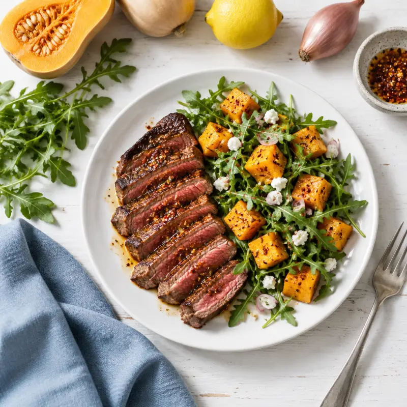 Strip Steak with Roasted Hot Honey Butternut Squash & Arugula Salad, plated