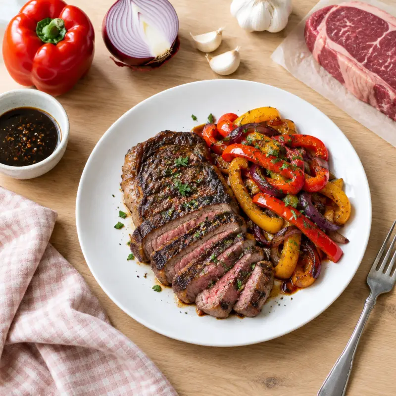 Striploin Steak with Balsamic Bell Peppers, plated