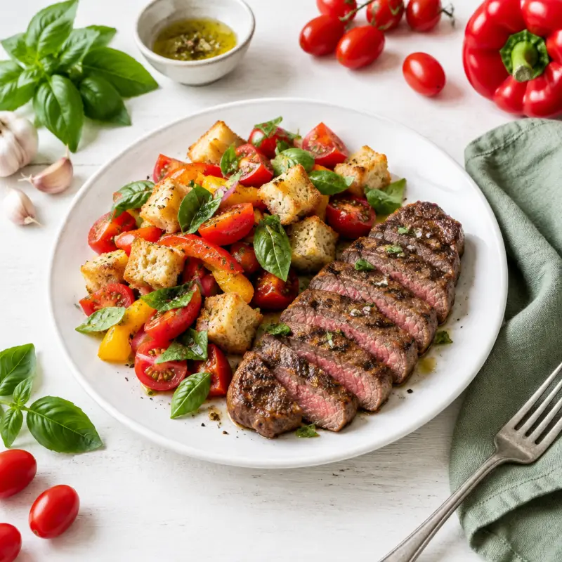 Striploin Steak with Bell Pepper, Tomato & Basil Panzanella Salad, plated