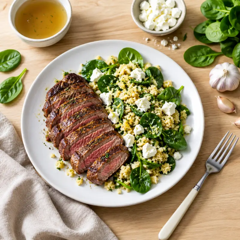 Striploin Steak with Couscous, Spinach & Feta Salad, plated