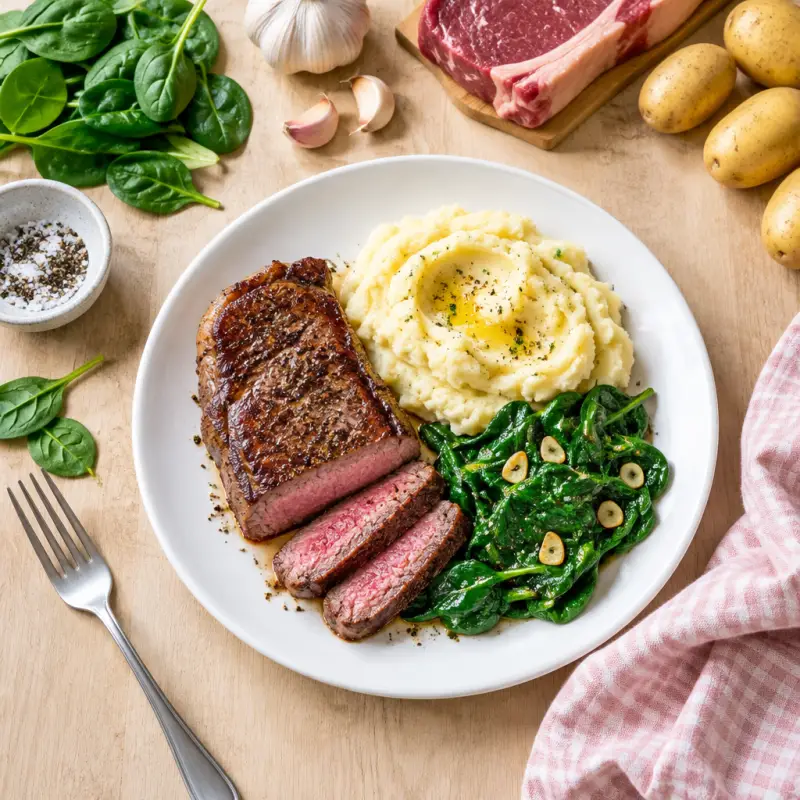 Striploin Steak with Mashed Potatoes & Garlicky Spinach Sauté, plated