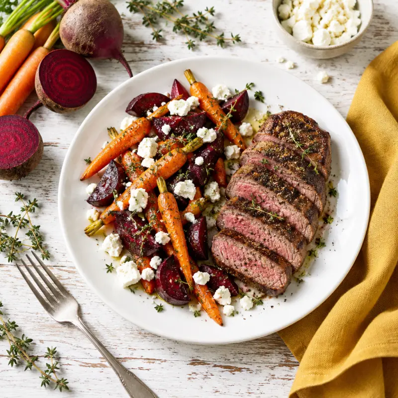 Striploin Steak with Roasted Carrot, Beet & Feta Salad, plated