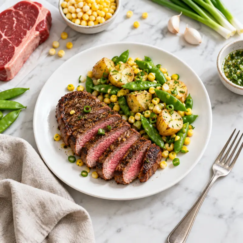 Striploin Steak with Warm Potato, Corn & Snap Pea Salad, plated