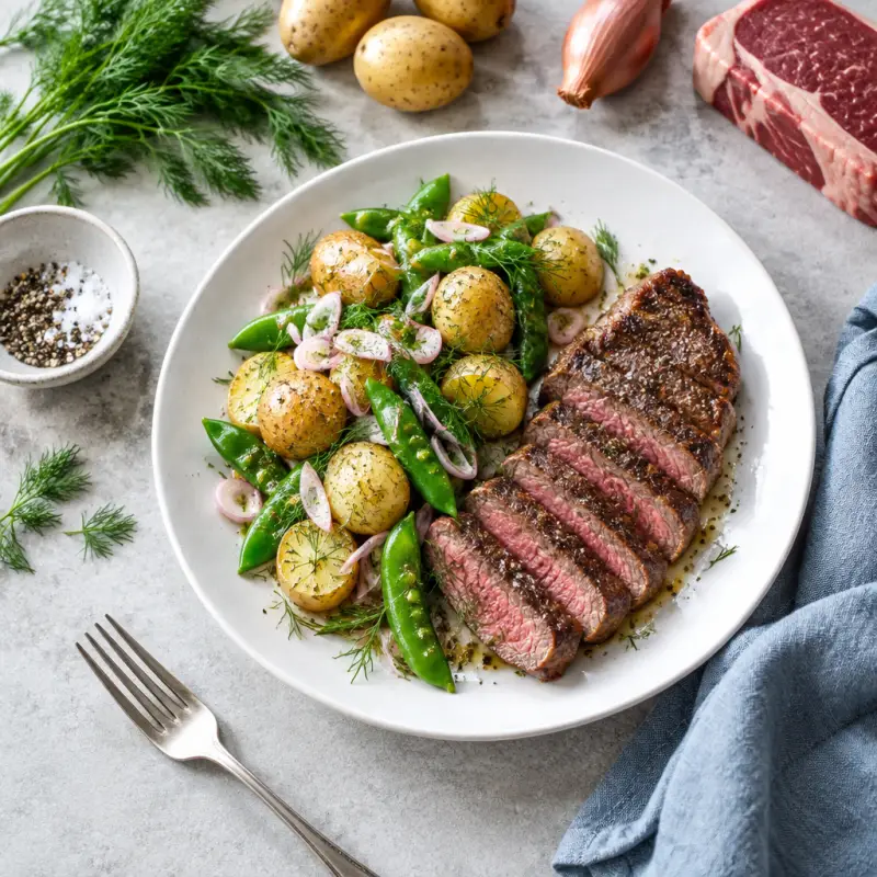 Striploin Steak with Warm Potato, Snap Pea & Dill Salad, plated